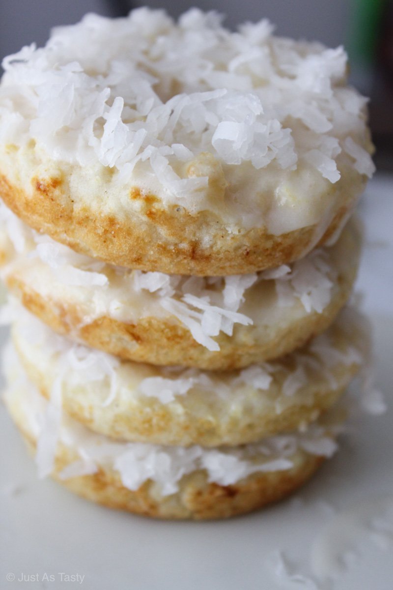 Stacked donuts topped with coconut flakes