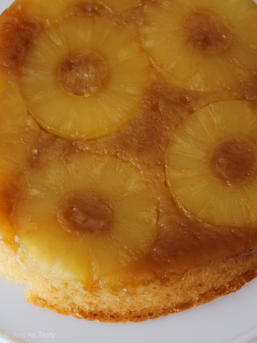 Easy pineapple upside down cake topped with rings of pineapple.