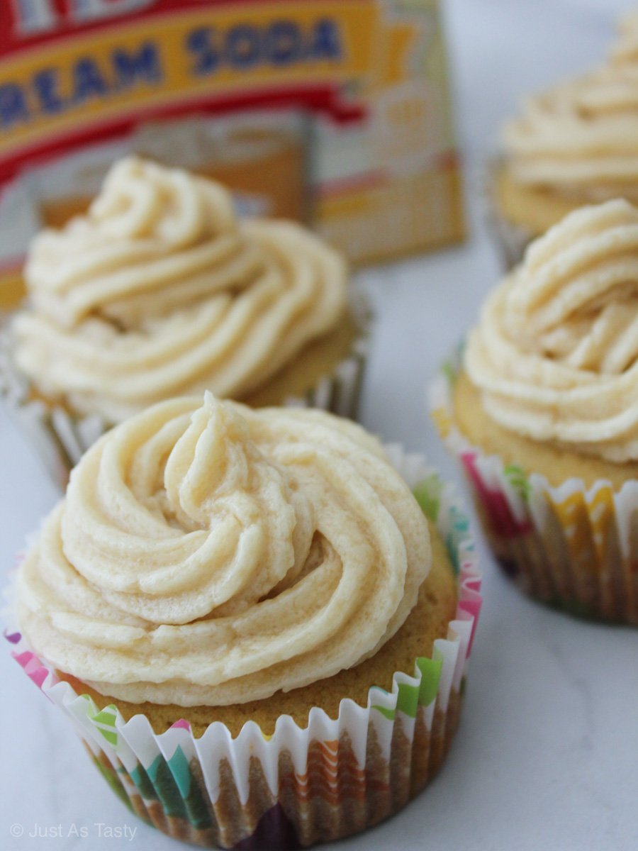 Close-up of cream soda cupcakes with swirl frosting. 