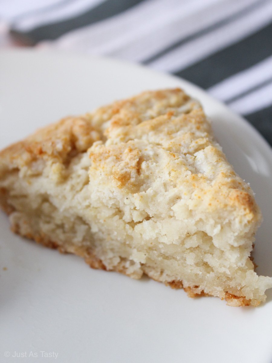 Close-up of eggless scone on a white plate.