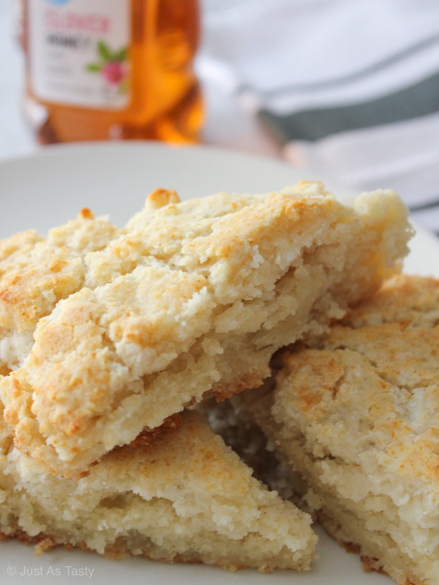 Close-up of eggless scones on a white plate.