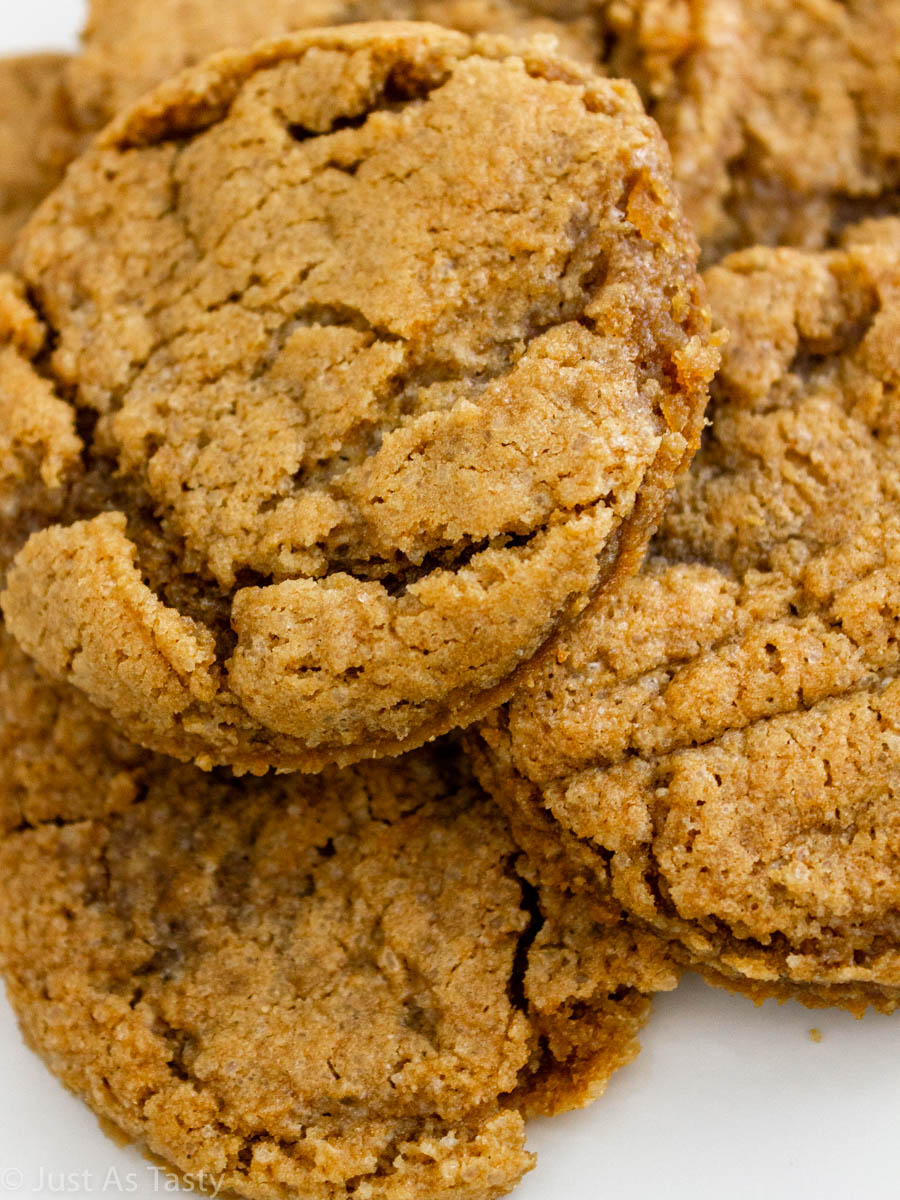 Close-up of gluten free maple cookies on a white plate.