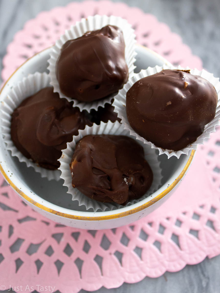 Close-up of chocolate covered buttercreams.