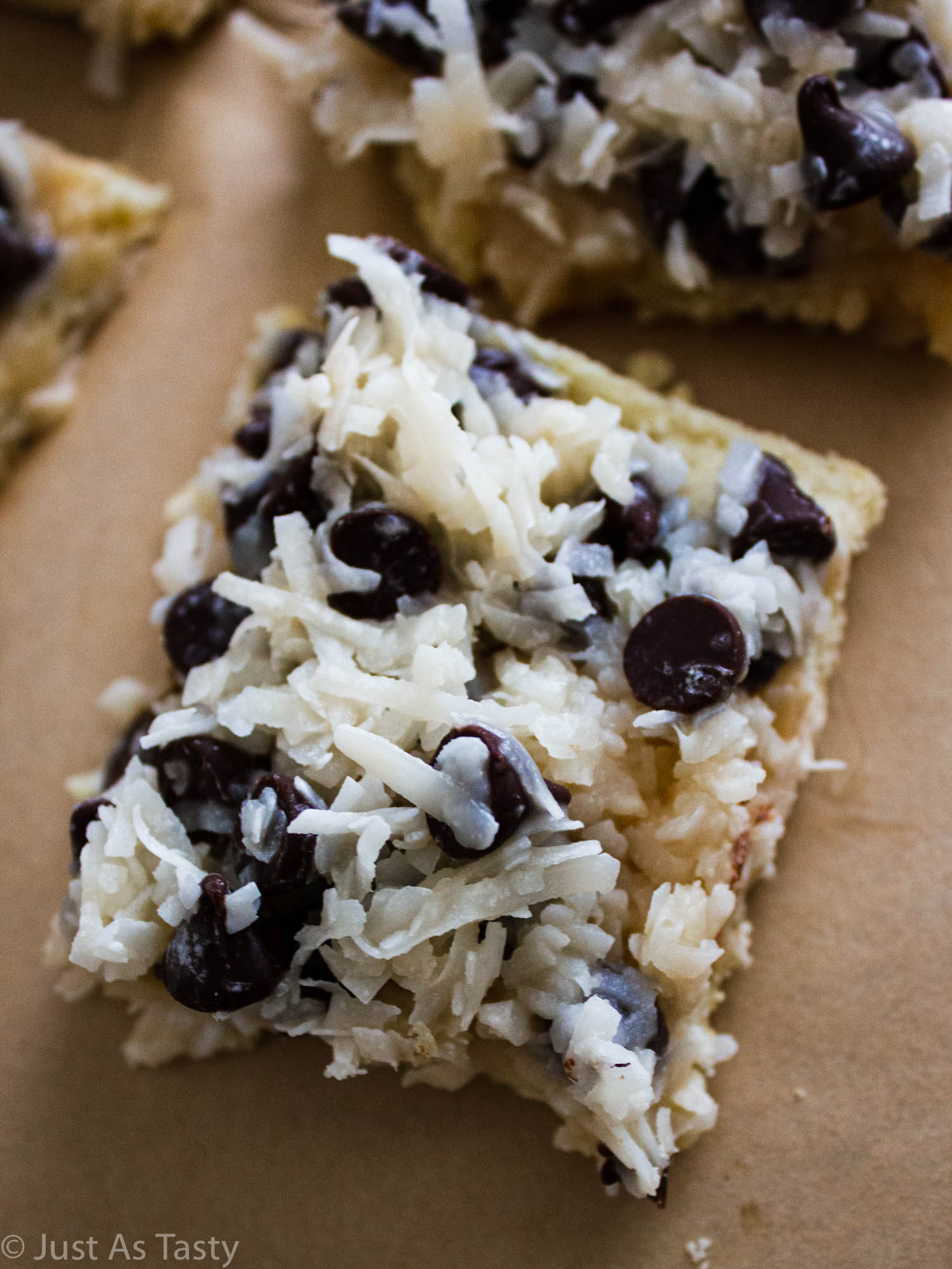 Close-up of a samoa cookie bar.