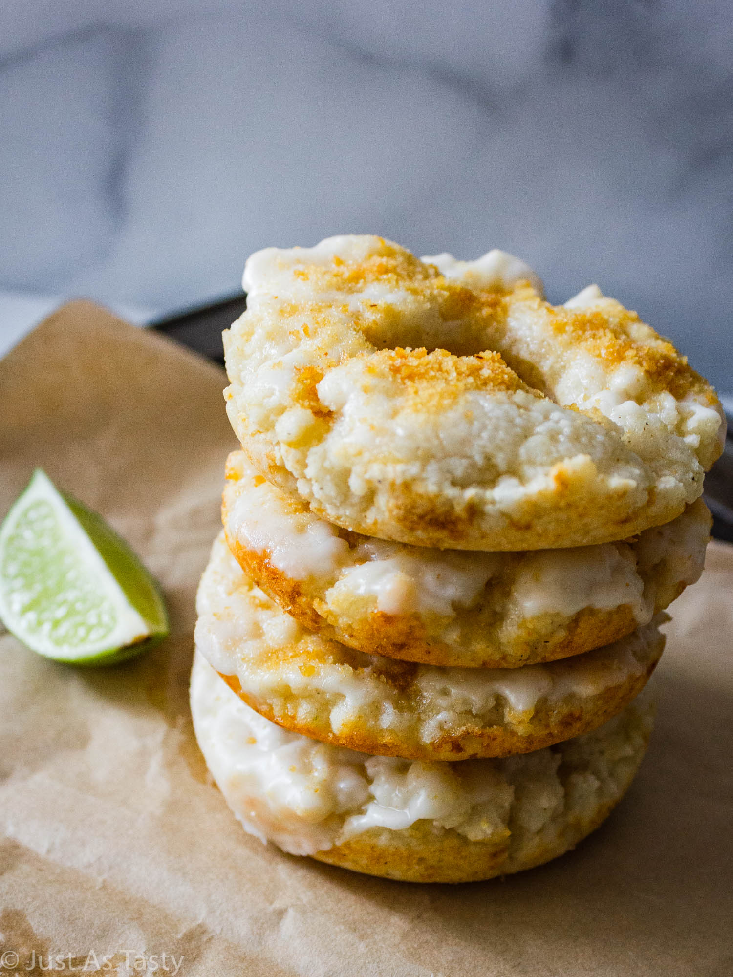Stack of key lime donuts. 