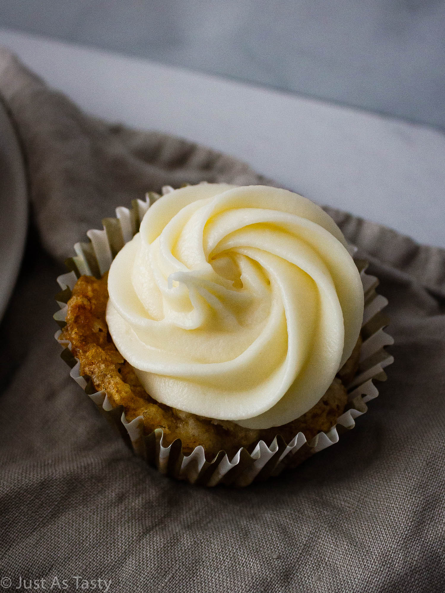 Close-up of a frosted cupcake. 