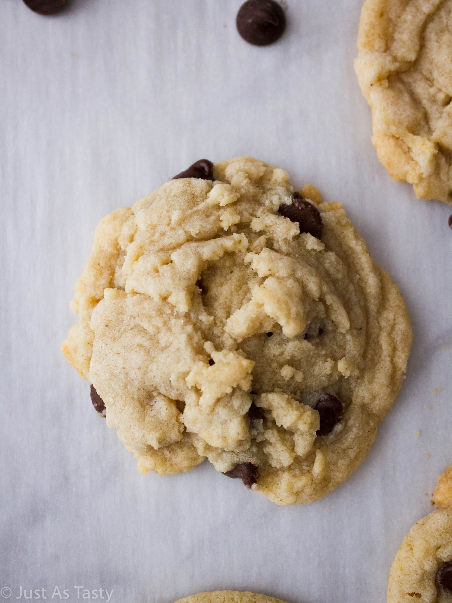 Close-up of a chocolate chip cookie.